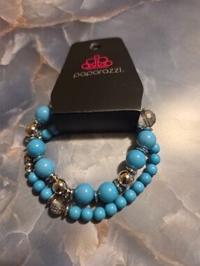 paparazzi Bright Turquoise Beaded Stretch Bracelet with Silver Accents